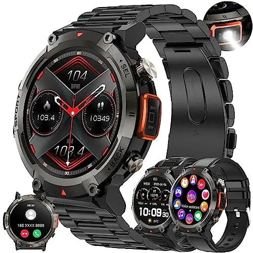Produktbild: ZPIMY Smartwatch Herren mit Telefonfunktion,1,45”Touchscreen 5ATM Wasserdicht Sportuhr mit Blutdruckmessung, SpO2, Taschenlampe, 100+ Sportmodi, Fitness Tracker Militär Uhr kompatibel mit iOS&Android