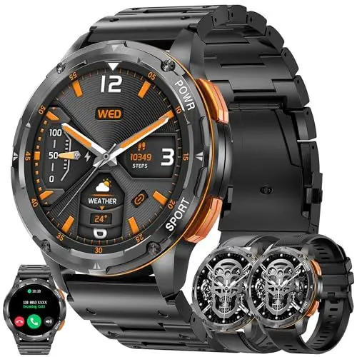 Produktbild: Smartwatch Herren mit Telefonfunktion, 1.43” AMOLED 5ATM Wasserdichte Fitnessuhr mit Schrittzähler Herzfrequenz SpO2, Schlafmonitor, 123 Sportmodi Sportuhr Aktivitätstracker für Android iOS (Schwarz)