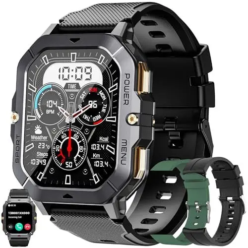 Produktbild: Smartwatch Herren mit Telefonfunktion, 2,02” AMOLED 5ATM Smart Watch Armbanduhr 100+ Sportmodi Aktivitätstracker mit Blutdruck Schlafmonitor Fitness Tracker für IOS Android, 3 Uhrenarmbänder (Schwarz)