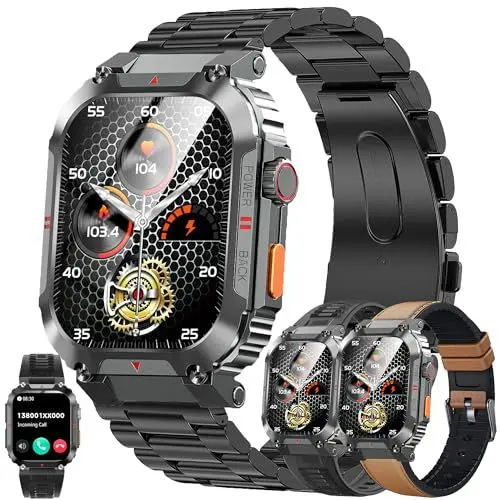 Produktbild: Smartwatch Herren mit Telefonfunktion, 2,02” Touchscreen IP68 Wasserdicht Stahl Sportuhr Aktivitätstracker mit Blutdruckmessung 123 Sportmodi Uhr kompatibel mit iOS Android, 3 Uhrenarmbänder (Schwarz)