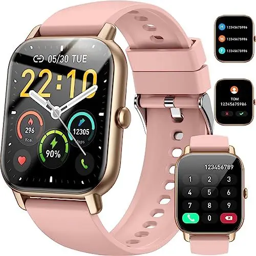 Produktbild: Smartwatch für Damen Herren, 1,85 Zoll Touchscreen mit Bluetooth Anrufe, IP68 Wasserdicht Fitnessuhr mit Herzfrequenzmonitor Schlafmonitor Schrittzähler, Sportuhr für iOS Android, Roségold