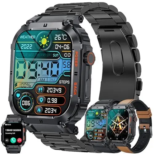 Produktbild: Smartwatch für Herren, 1.96 Zoll Touch-Farbdisplay mit Bluetooth Anrufe,Fitnessuhr mit SpO2 Blutdruckmessung Herzfrequenz Schrittzähler Schlafmonitor, Militärische Fitnessuhr für iOS Android (Schwarz)