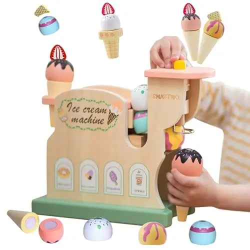 Produktbild: Smartwo Eismaschine Holzspielzeug ab 3 Jahre, Kinderküche & Kaufladen Zubehör, Eisdiele Kleinkinder Holz, Geschenk für Mädchen, Rollenspiele Spielküche, Küchenmaschine Spielset