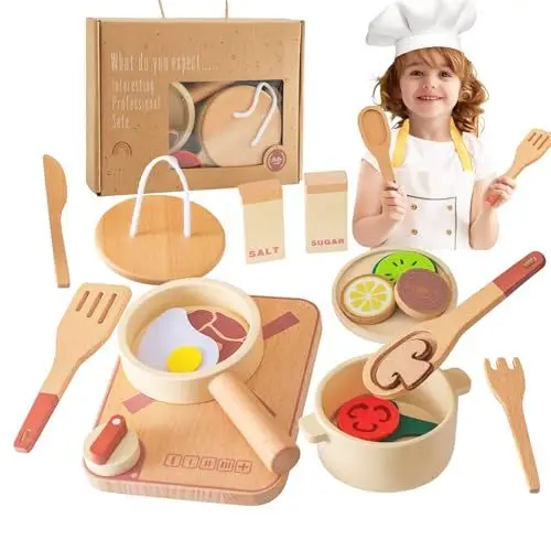 Produktbild: Smartwo Topfset und Geschirr für Spielküche, Kinderküche Zubehör aus Holz, Küchenutensilien Pfanne Holzspielzeug-Set, Kochset für Rollenspiele, Weihnachten Geschenk für Jungen Mädchen ab 3 Jahre