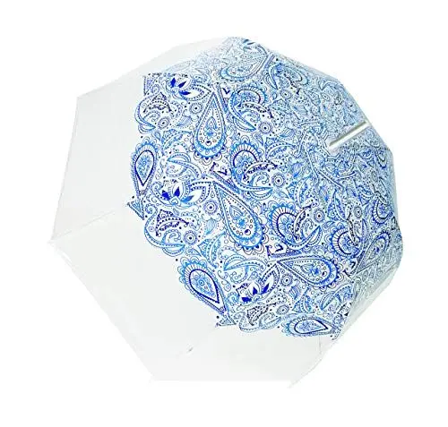 Produktbild: SMATI Regenschirm durchsichtig transparent mit Automatik Stockschirm (Blau Paisleymuster)