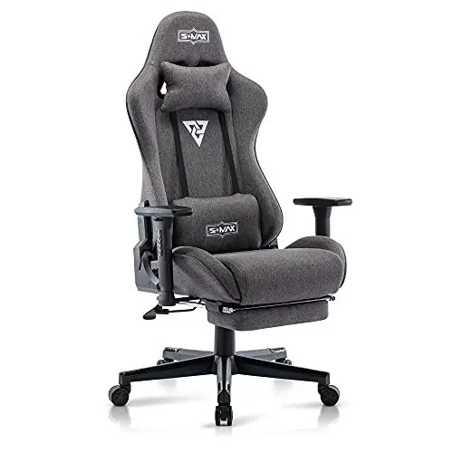 Produktbild: S*MAX Gaming Stuhl Stoff mit Fußstütze Verdickter Sitz Gamer Stuhl mit 3D Armlehne und Lendenwirbelstütze PU Leder Videospielstühle mit hoher Rückenlehne ergonomischer Gaming Stuhl für Erwachsene Grau