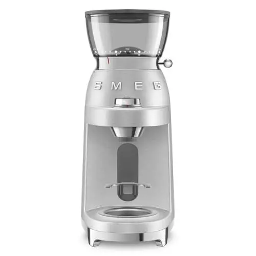 Produktbild: Smeg, Kaffeemühle CGF02SSEU, konisches Edelstahlmahlwerk, 50 Mahlgrad Einstellungen, 240 g Kaffeebohnenbehälter, Einzel- und Doppelkaffeefunktion, Antistatiksystem, 150W, Aluminium