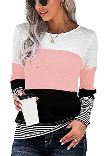 Produktbild: SMENG Langarmshirt Damen Tshirt Damen Pullover Lang Elegant Tops Casual Farbblock Oversize Rundhals Shirt Sweatshirt Leichte Bluse Langarmshirt Rosa M
