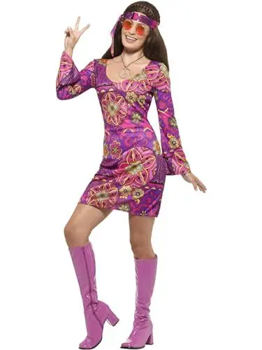 Produktbild: Smiffys Hippie Mädchen Kostüm, Mehrfarbig, mit Kleid, Kopftuch Anhänger