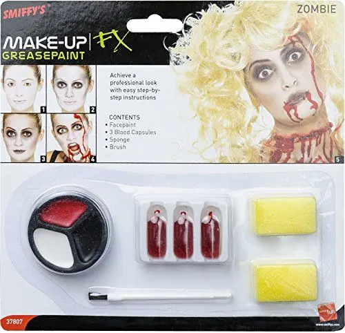 Produktbild: Smiffys Zombie Make-up Set, enthält Gesichtsfarbe, Blutkapseln und Schwamm