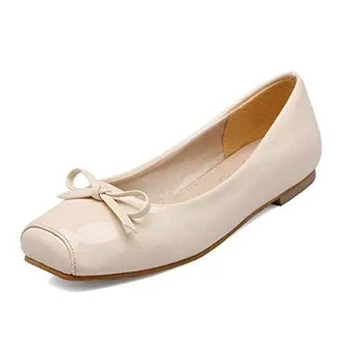 Produktbild: Smilice Damen Ballerinas mit Schleife | Quadratische Spitze Flache Absätze Bequeme Freizeitschuhe (Beige, 46 EU)