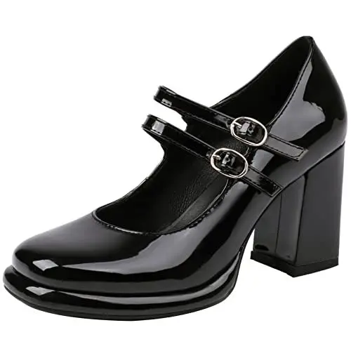 Produktbild: Smilice Damen Plateau Kleid Schuhe Doppelträger Mary Jane Pumps mit kleinem Absatz (Schwarz,34)
