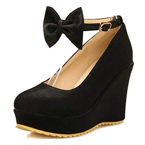 Produktbild: Smilice Damen Süß Keilabsatz Plateau Pumps mit Fesselriemen Bogen (Schwarz, 50 EU)