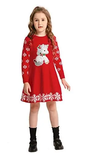 Produktbild: SMILING PINKER Mädchen Kleider Winter Weihnachtspullover Langarm Einhorn Strickkleid (98, Rot)