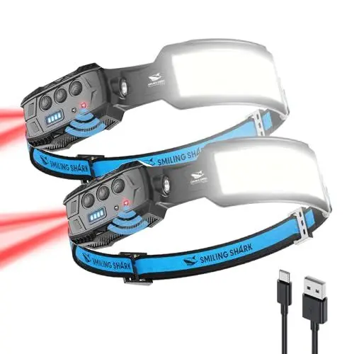 Produktbild: Smiling Shark Stirnlampe, 2 Stück Headlamp 7*Weiße Licht 270° Beleuchtung Breite Mit Bewegungsmelder Helles Rotes Rucklicht Für Camping Angeln Reparieren, Stirnlampe-Kopflampe-LED-Wiederaufladbar