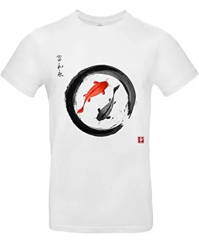 Produktbild: smilo & bron Unisex T-Shirt, Rundhals, Medium Fit, 100% Baumwolle, Koi Karpfen im Zen-Kreis Motiv Aufdruck Weiß White L