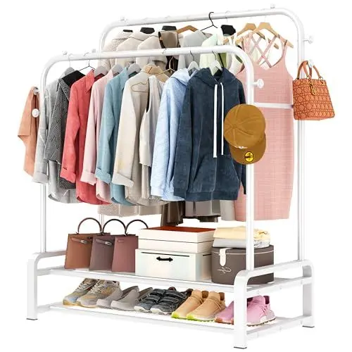 Produktbild: SMILOVII Freistehender Kleiderständer mit Doppelruten-Design kleiderbügel, 8 Haken und 2 Schuhregalen - Multifunktionaler Garderobenständer in Weiß für das Schlafzimmer
