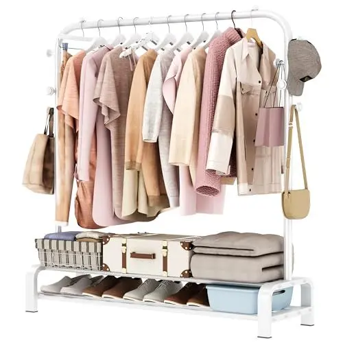 Produktbild: SMILOVII Kleiderständer, Garderobenständer Stabil Kleiderstange mit 6 Haken und 2 Schuhregal Ablage Regal, Schlafzimmer Kleiderständer Freistehender Kleiderbügel, Weiß