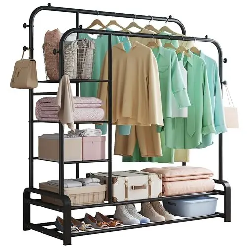 Produktbild: SMILOVII Multifunktionalen freistehenden Kleiderständer mit Doppelruten-Design, 8 Haken, 3 Lagen Seitenablagen und 2 Lagen Schuhregalen können, für Schlafzimmer Garderobenständer, kleiderbügel schwarz