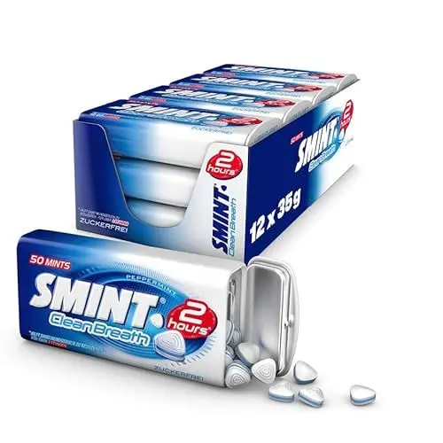 Produktbild: Smint 2 hours Peppermint, 12 Metall-Dosen mit Pfefferminz-Pastillen, zuckerfreie Mints für über 2 Stunden frischen Atem (12 x 50 Stück)