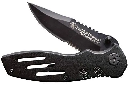Produktbild: Smith and Wesson Einhandmesser, Stahl 7CR17, rostfrei, beschichtet, Teilsägezahnung, schwarze Alu-Schalen, Clip