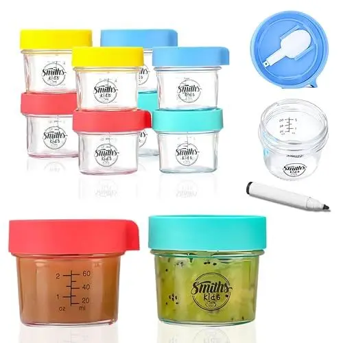 Produktbild: Smiths Kids Mason Jars - Auslaufsichere Glas-Mikrowellenlagerung - Tragbare luftdichte Behälter zum Einfrieren von Babynahrung mit Deckel und zusammenklappbarem Löffel - Set von 8