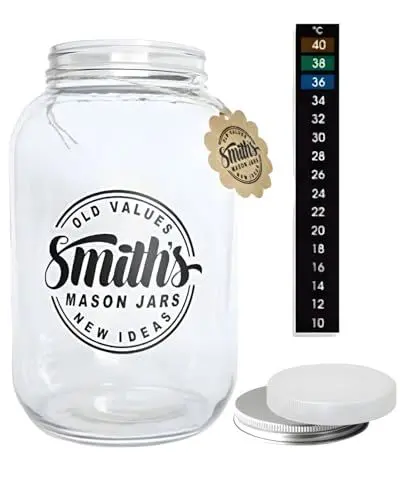 Produktbild: Smiths Mason Jar 1 Gallone (128oz/3.7L) Wide Mouth Jar mit 2x Schraubdeckel (Metall & Plastik), Glasgefäß zum Einlegen, Konservieren von Lebensmitteln, Keksvorratsbehälter, für Kombucha