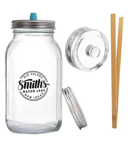 Produktbild: Smiths Mason Jars 1-Pack 2L Fermentier-Klargläser mit Holzklammer, Gewichten und 2 Stück Deckeln - Ideal für Kimchi-Lagerung, Pickles und die Aufbewahrung Ihrer Lieblingssnacks