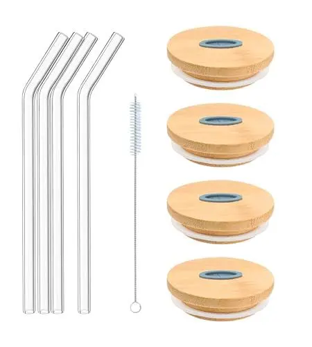 Produktbild: Smiths Mason Jars 4 x Holzdeckel und 4 x Glasstrohhalme kommt auch mit Reinigungsbürste (Becher nicht enthalten) passt alle Standard-Mason Becher 2,75 Zoll / 7cm Mund