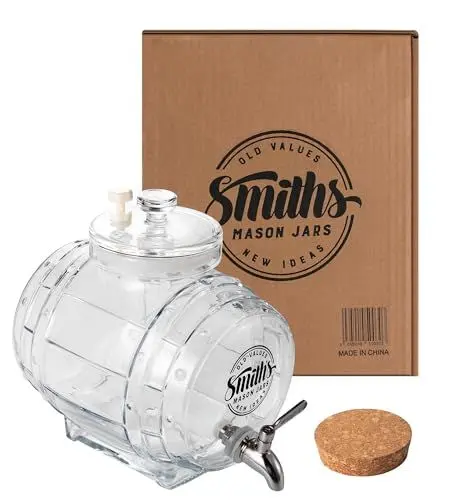 Produktbild: Smiths Mason Jars 5L Kühlschrank-Wasserspender mit Stahlhahn und Glasdeckel - einfaches Ausgießen mit Metallhahn und platzsparendes Design - ideal für infundierte Wässer und Säfte