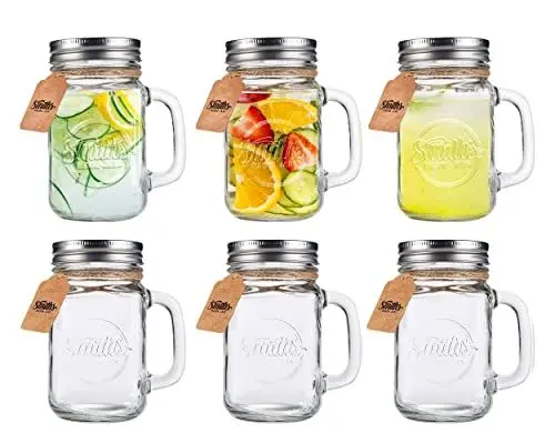 Produktbild: 6er Set Trinkgläser mit Deckel und Strohhalm – 16oz/473ml Mason Jar Trinkglas limonadengläser, Glas mit Henkel und Strohhalm, Smoothie Gläser, Trinkglas für Eiskaffee