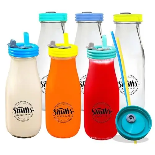 Produktbild: Smiths Mason Jars - 6er-Pack, 10oz/300ml Glasflaschen mit Deckel - Auslaufsichere, verschüttungssichere Milchflaschen aus Klarglas mit Deckel und wiederverwendbaren Strohhalmen - ideal für Milch, Saft