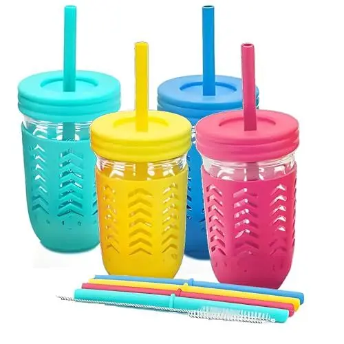 Produktbild: Smiths Mason Jars - Kleinkinderbecher mit Strohhalm - 4er Set auslaufsichere 8oz Kinder Trinkbecher mit Silikonhüllen - bunte Kinderbecher für Reisen, Smoothies und den täglichen Gebrauch