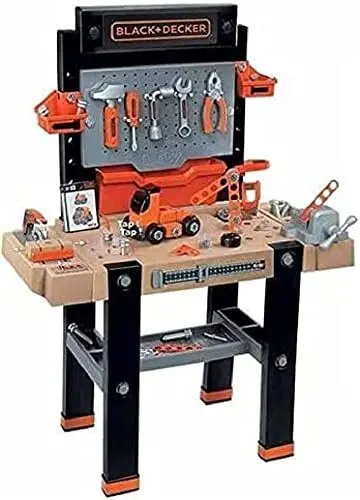 Produktbild: Smoby 360702 – Black+Decker Super Werkbank Center – mit viel Zubehör, mechanischem Akkuschrauber, Auto-Bausatz, Soundeffekten, Lern-App, für Kinder ab 3 Jahren