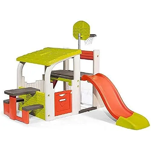 Produktbild: Smoby – Fun Center – XXL-Spielhaus mit Rutsche, Basketballkorb, Sitzfläche, Fußballtor mit Netz, Kletterwand, für den Garten, für Kinder ab 2 Jahren