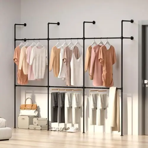 Produktbild: SMONTER Industrieller rohrförmiger Kleiderständer, Metallbügel, höhenverstellbar, zum Aufhängen von Kleidung, schwere wandmontierte Kleiderbügelstange, für Kleiderschrank, Schlafzimmer,6 Gitter