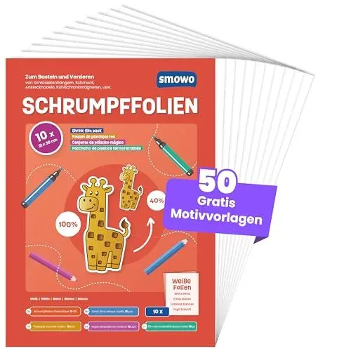 Produktbild: Smowo® 10 Stück Schrumpffolien transparent (mit GRATIS Vorlagen-Download) - schrumpfende Plastikfolien zum basteln - A4 schrumpffolienplatten matt