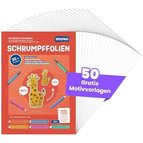 Produktbild: Smowo® 20 Stück Schrumpffolien transparent (mit GRATIS Vorlagen-Download) - schrumpfende Plastikfolien zum basteln - A4 schrumpffolienplatten matt