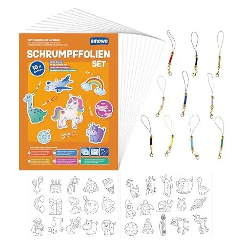 Produktbild: Smowo® Schrumpffolien Set mit Schlüsselanhänger - 10 Stück schrumpfende Plastikfolie - Bastelset mit Motiven - A4 matt transparent
