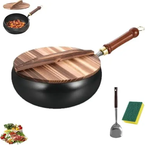 Produktbild: SMTSEC Bienll Japanische Eisenpfanne, Handgefertigte Ohne Beschichtung Antihaftpfanne Aus Reinem Eisen, Japanische Eisenpfanne Geschmiedet Mit Holzdeckel, Gasherd Und Induktionsherd,Holzdeckel-26CM