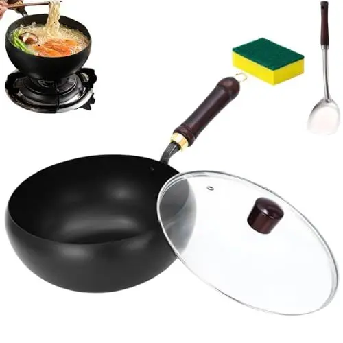 Produktbild: SMTSEC Japanische Eisenpfanne, 24/26/28cm Biennll Eisenpfanne Handgefertigte Ohne Beschichtung Antihaftpfanne Aus Reinem Eisen, Eisenpfanne Geschmiedet Für Gasherd Und Induktionsherd,Glasdeckel-24CM