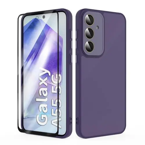 Produktbild: SMYTU Hülle für Samsung Galaxy A55 5G 6.6 Zoll mit Schutzfolie und Kameraschutz,Handyhülle Durchscheinende Matt Schutzhülle Kratzfeste Case Cover - Violett