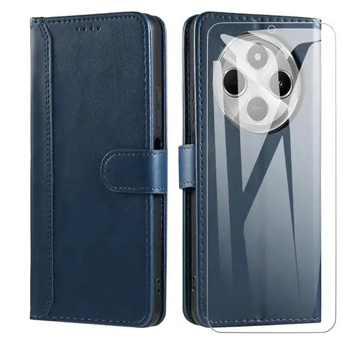 Produktbild: SMYTU Hülle Kompatibel für Xiaomi Redmi 14C / Redmi A4 4G Handyhülle mit Schutzfolie, Flip PU Lederhülle Book Case Magnetverschluss Ständer Schutzhülle - Blau