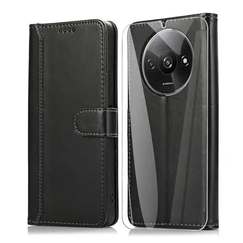 Produktbild: SMYTU Hülle Kompatibel für Xiaomi Redmi A3 4G Handyhülle mit Schutzfolie, Flip PU Lederhülle Book Case Magnetverschluss Ständer Schutzhülle - Schwarz