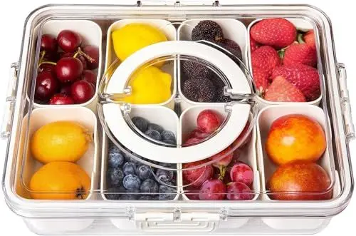 Produktbild: Snackbox Container mit Deckel und Griff, Kühlschrank Organizers Charcuterie Tablett, geteilte Servierplatten für Party, Picknick Servieren Süßigkeiten, Früchte, Nüsse