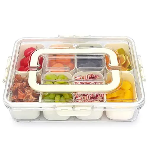 Produktbild: Snackbox mit Fächern mit Deckel und Griff Tragbare Snack-Aufbewahrungsbox Snack-Tray 8 herausnehmbare Fächer für Snacks, Süßigkeiten,Küchengewürze, Obst, Nüsse Für unterwegs Transparente Snack-Boxen