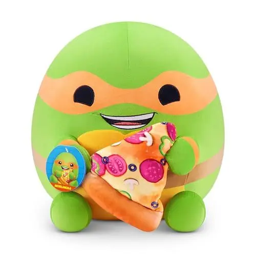 Produktbild: Snackles Teenage Mutant Ninja Turtles Edition von ZURU, 35 cm, Plüsch, flauschig-weiches, 35 cm großes Teenage Mutant Ninja Turtles Plüschspielzeug mit Pizza-Accessoire. (Michelangelo)