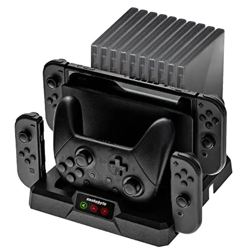 Produktbild: snakebyte DUAL Charge Base S - Nintendo Switch Ladestation, All-in-One Organizer für 10 Switch Spiele, Ladefunktion für 1 Pro Controller und 2 Joy-Cons, Dockingstation mit LED-Anzeige