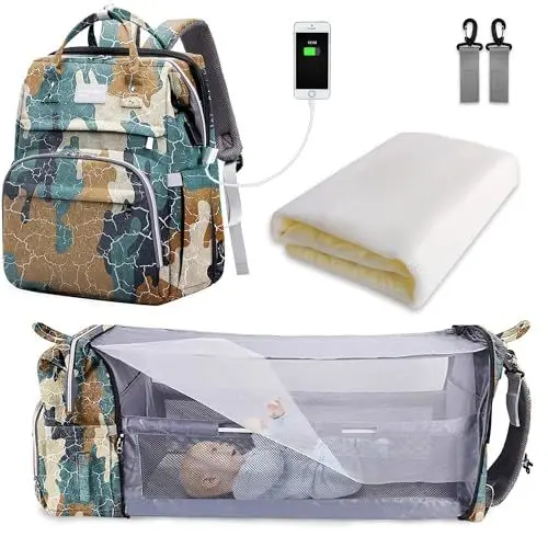 Produktbild: SNDMOR Wickeltasche Rucksack, wickelrucksack mit bettfunktion Großer, Multifunktionale Diaper Bag Mit Wickelunterlage, Kinderwagen-Haken, Geeignet für Mama und Papa (WüSten Tarnmuster)