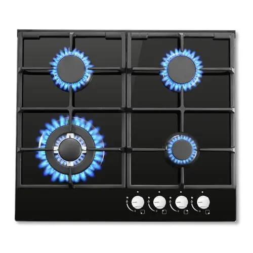 Produktbild: SNDOAS Gaskochfeld 4 Flammig, 58cm Glas Gasherd mit Automatischer Flammenschutz, Erdgas und Propangas, Einbau oder Freistehend, 8060W, 220-240V